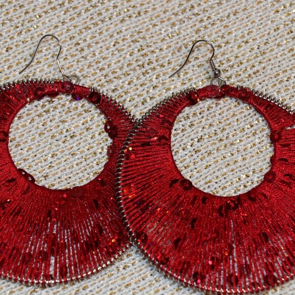 3" Silk Thread and Sequins Wrapped Extra Large Hoop Earrings - Picture 6 of 6